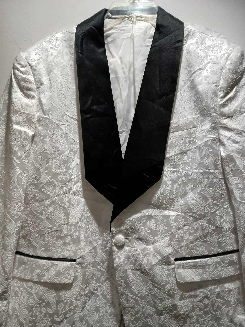 White Floral Jacquard Tuxedo Jacket with Black Satin Shawl Collar